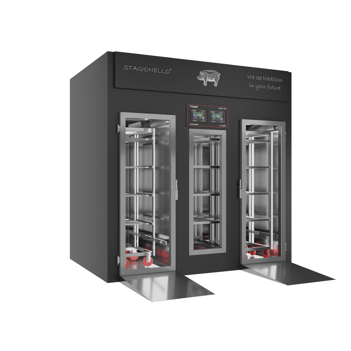 Stagionello® Salami Curing Device 200/600 kg Walk-in – colorato, porta standard, vista sinistra