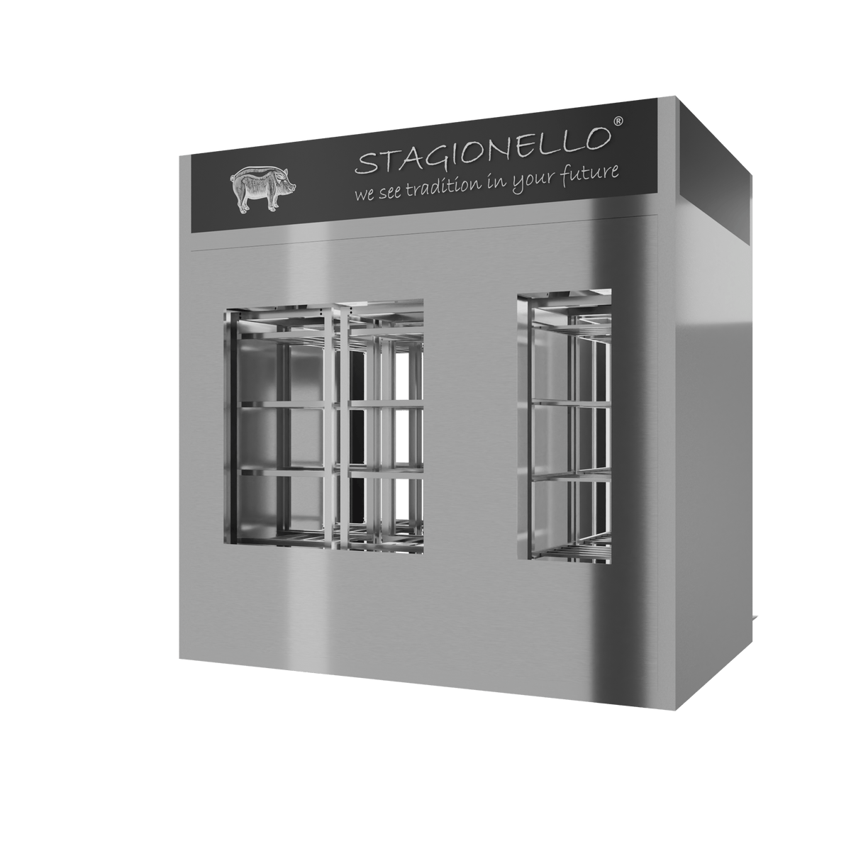 Stagionello® Salami Curing Device 200/600 kg Walk-in – inox, 2 vetri, vista posteriore