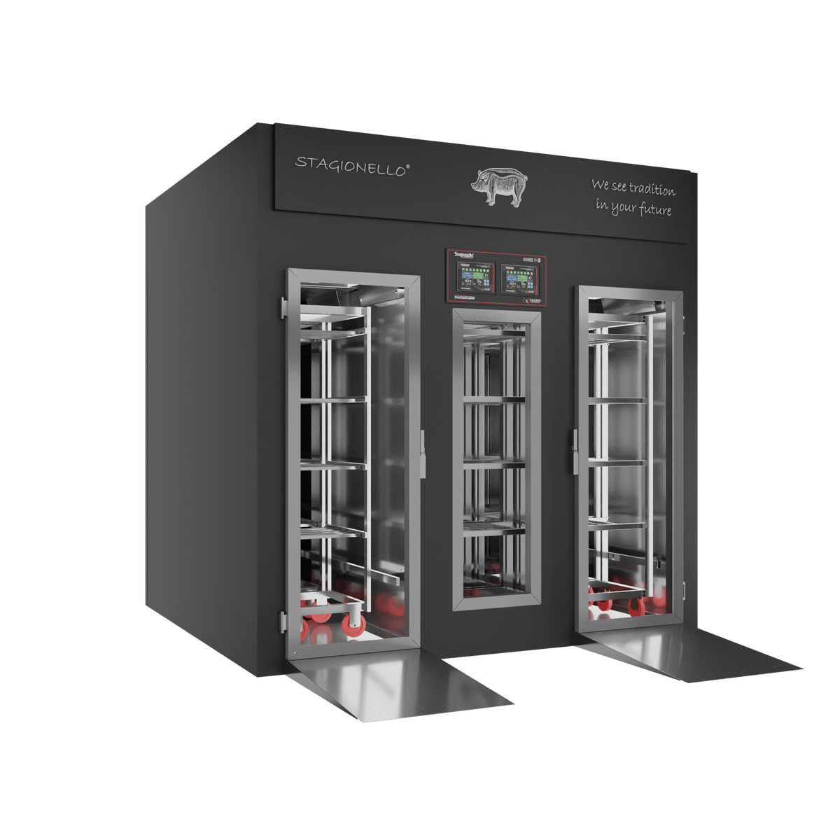 Stagionello® Salami Curing Device 300/900 kg Walk-in – colorato, porta standard, vista sinistra