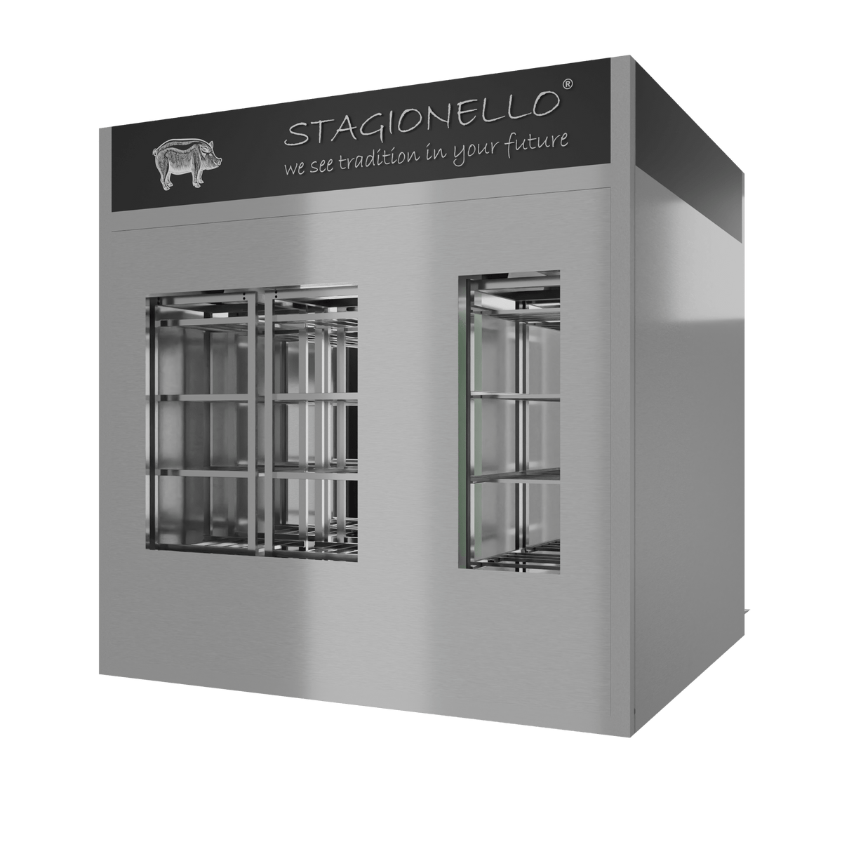 Stagionello® Salami Curing Device 300/900 kg Walk-in – inox, 2 vetri, vista posteriore
