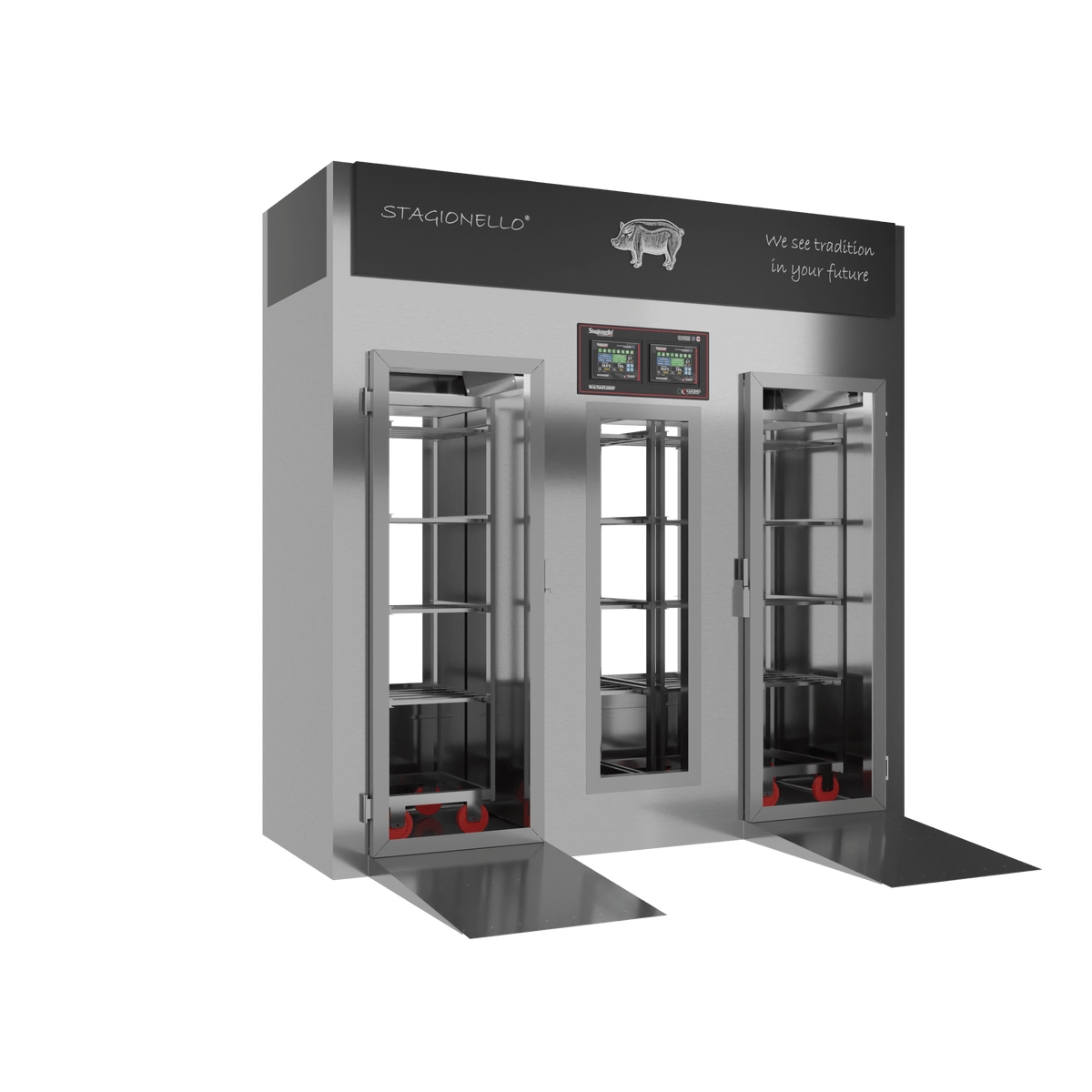 Stagionello® Salami Curing Device 100/300 kg Walk-in – inox, 2 vetri, vista sinistra